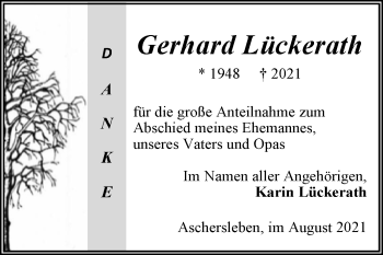 Traueranzeige von Gerhard Lückerath von Trauerkombi Aschersleben