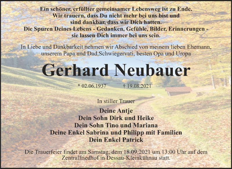  Traueranzeige für Gerhard Neubauer vom 28.08.2021 aus Trauerkombi Dessau