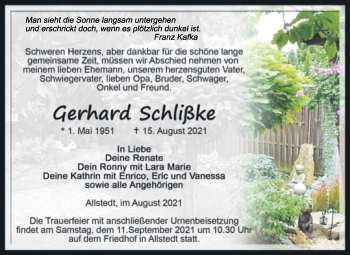 Traueranzeige von Gerhard Schlißke von Trauerkombi Sangerhausen