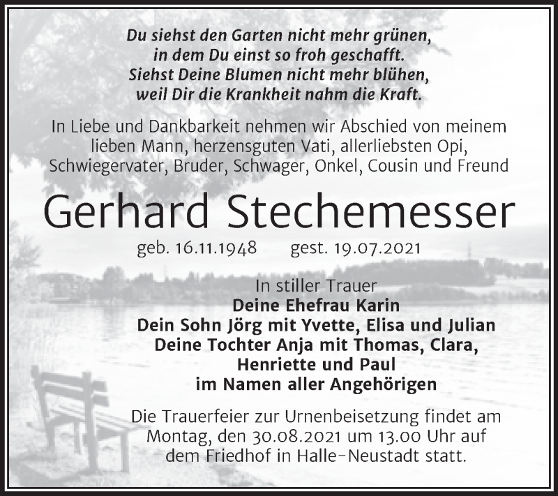  Traueranzeige für Gerhard Stechemesser vom 11.08.2021 aus Wochenspiegel Naumburg/Nebra
