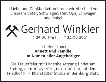 Traueranzeige von Gerhard Winkler von Trauerkombi Bernburg