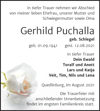 Traueranzeige von Gerhild Puchalla von Trauerkombi Quedlinburg