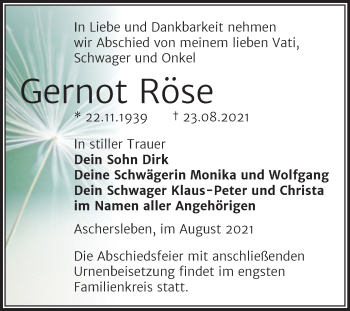 Traueranzeige von Gernot Röse von Trauerkombi Aschersleben