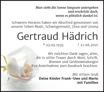 Traueranzeige von Gertraud Hädrich von Trauerkombi Wittenberg