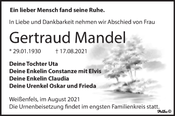 Traueranzeige von Gertraud Mandel von Trauerkombi Weißenfels