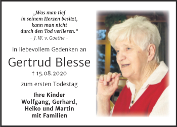 Traueranzeige von Gertrud Blesse von Mitteldeutsche Zeitung Sangerhausen