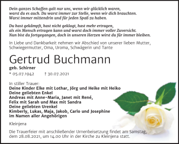 Traueranzeige von Gertrud Buchmann von Wochenspiegel Naumburg/Nebra