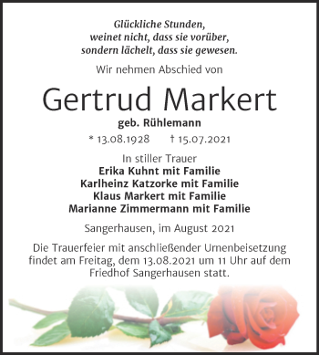 Traueranzeige von Gertrud Markert von Trauerkombi Sangerhausen