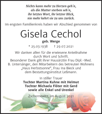 Traueranzeige von Gisela Cechol von Trauerkombi Wittenberg