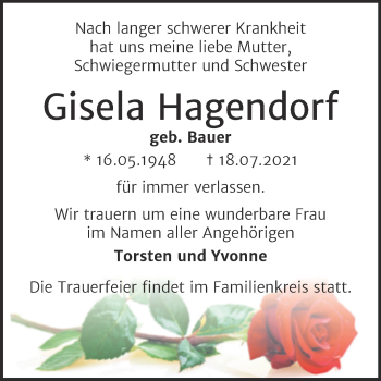 Traueranzeige von Gisela Hagendorf von Trauerkombi Dessau