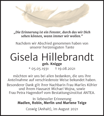 Traueranzeige von Gisela Hillebrandt von Trauerkombi Wittenberg