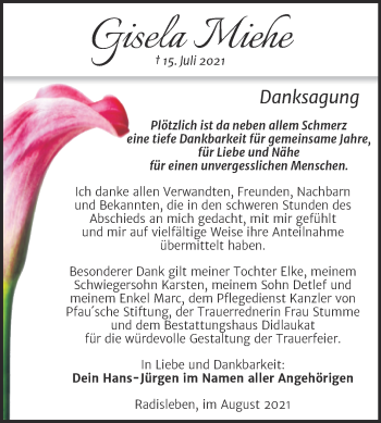 Traueranzeige von Gisela Miehe von Trauerkombi Quedlinburg
