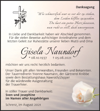 Traueranzeige von Gisela Naundorf von Trauerkombi Bitterfeld