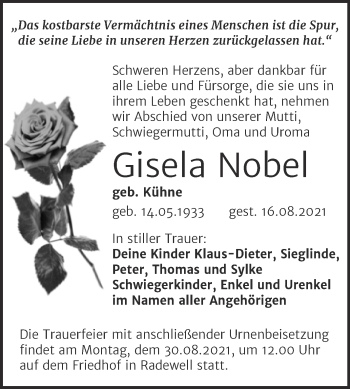 Traueranzeige von Gisela Nobel von Mitteldeutsche Zeitung Halle/Saalkreis