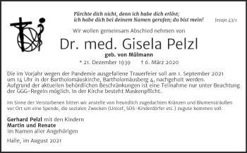 Traueranzeige von Gisela Pelzl von Mitteldeutsche Zeitung Halle/Saalkreis