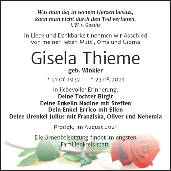 Traueranzeige von Gisela Thieme von Trauerkombi Köthen