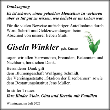 Traueranzeige von Gisela Winkler von Trauerkombi Aschersleben