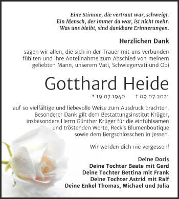 Traueranzeige von Gotthard Heide von Trauerkombi Wittenberg