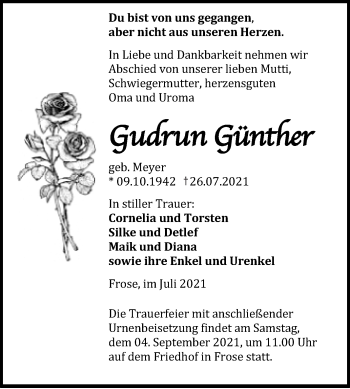 Traueranzeige von Gudrun Günther von Trauerkombi Aschersleben