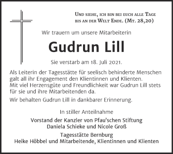 Traueranzeige von Gudrun Lill von Mitteldeutsche Zeitung Salzlandkreis