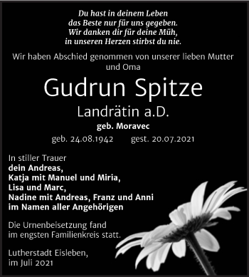 Traueranzeige von Gudrun Spitze von Trauerkombi Mansfelder Land