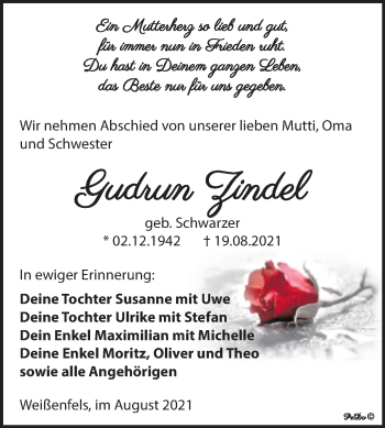 Traueranzeige von Gudrun Zindel von Trauerkombi Weißenfels