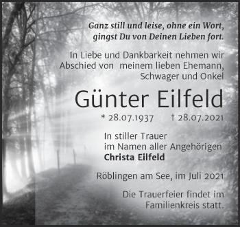 Traueranzeige von Günter Eilfeld von Trauerkombi Mansfelder Land
