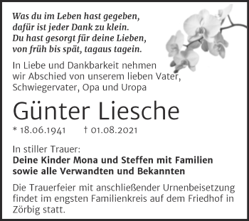 Traueranzeige von Günter Liesche von Trauerkombi Bitterfeld