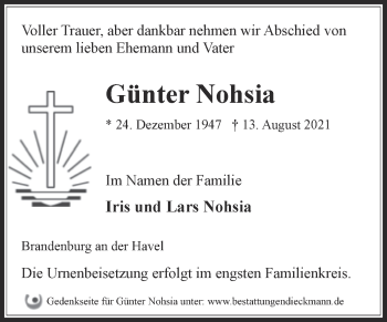 Traueranzeige von Günter Nohsia von Trauerkombi Bitterfeld