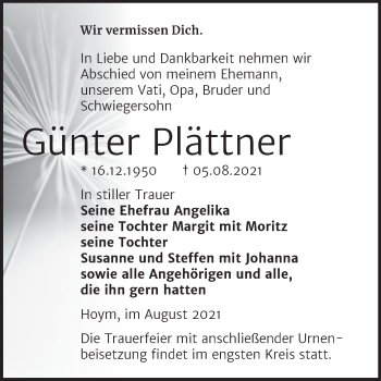 Traueranzeige von Günter Plättner von Trauerkombi Aschersleben
