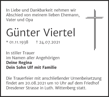 Traueranzeige von Günter Viertel von Super Sonntag Wittenberg