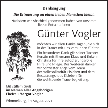 Traueranzeige von Günter Vogler von Trauerkombi Mansfelder Land