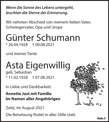 Traueranzeige von Günter und Asta  von Trauerkombi Zeitz