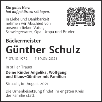 Traueranzeige von Günther Schulz von Trauerkombi Wittenberg