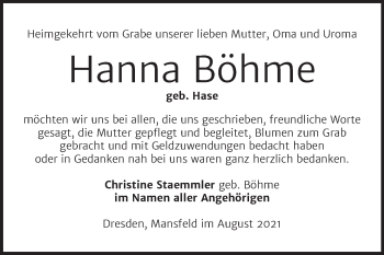 Traueranzeige von Hanna Böhme von Mitteldeutsche Zeitung Mansfelder Land