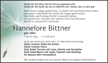 Traueranzeige von Hannelore Bittner von Trauerkombi Wittenberg