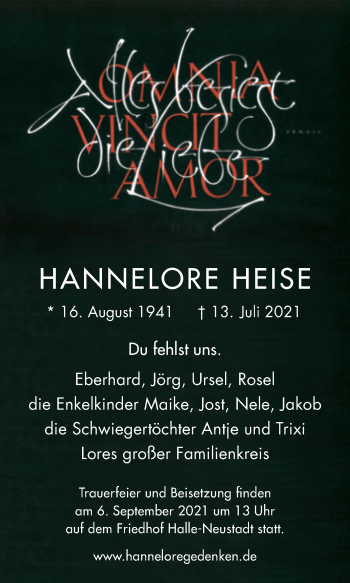 Traueranzeige von Hannelore Heise von Mitteldeutsche Zeitung Halle/Saalkreis