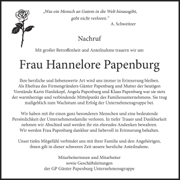 Traueranzeige von Hannelore Papenburg von Mitteldeutsche Zeitung Halle/Saalkreis