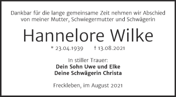 Traueranzeige von Hannelore Wilke von Trauerkombi Aschersleben