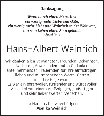Traueranzeige von Hans-Albert Weinrich von Trauerkombi Wittenberg