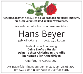 Traueranzeige von Hans Beyer von Mitteldeutsche Zeitung Merseburg/Querfurt