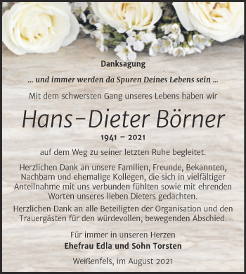 Traueranzeige von Hans-Dieter Börner von Trauerkombi Weißenfels