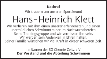 Traueranzeige von Hans-Heinrich Klett von Trauerkombi Zeitz