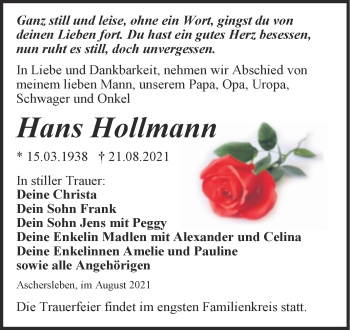 Traueranzeige von Hans Hollmann von Trauerkombi Aschersleben