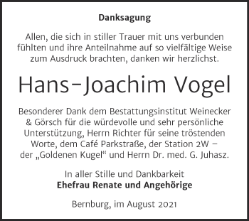 Traueranzeige von Hans-Joachim Vogel von Trauerkombi Bernburg