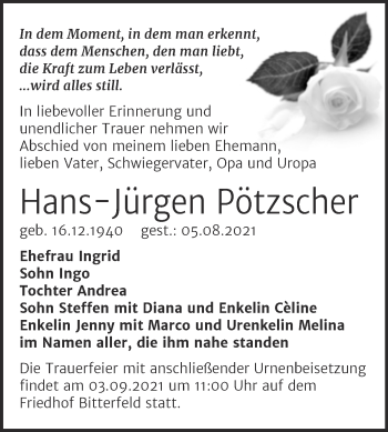Traueranzeige von Hans-Jürgen Pötzscher von Trauerkombi Bitterfeld