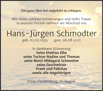 Traueranzeige von Hans-Jürgen Schmodter von Trauerkombi Aschersleben