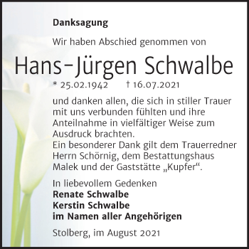 Traueranzeige von Hans-Jürgen Schwalbe von Trauerkombi Sangerhausen