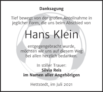 Traueranzeige von Hans Klein von Trauerkombi Mansfelder Land