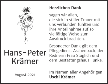 Traueranzeige von Hans-Peter Krämer von Mitteldeutsche Zeitung Halle/Saalkreis